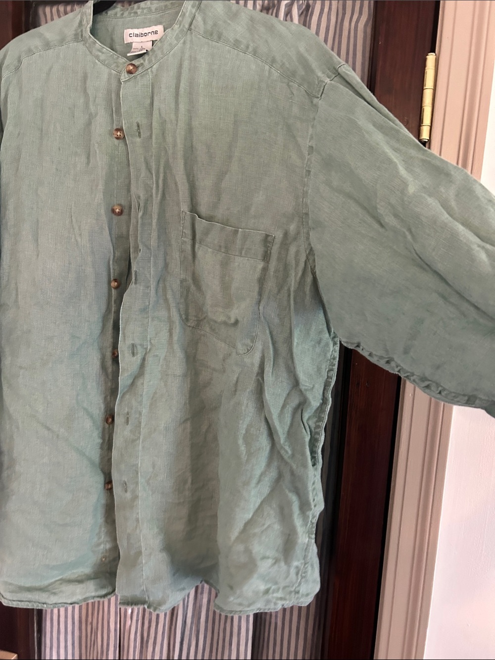 Claiborne Sage Green Mandarin Collar Button-Front Linen Top - Picture 3 of 6